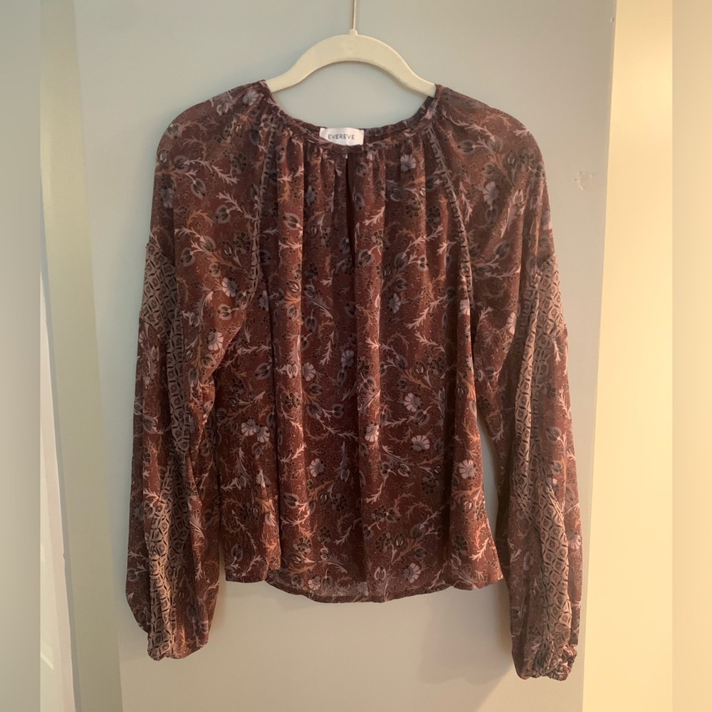 EVEREVE Blouse Cleo Floral Puff Sleeve Boho Bohemian Brown Blue - XS